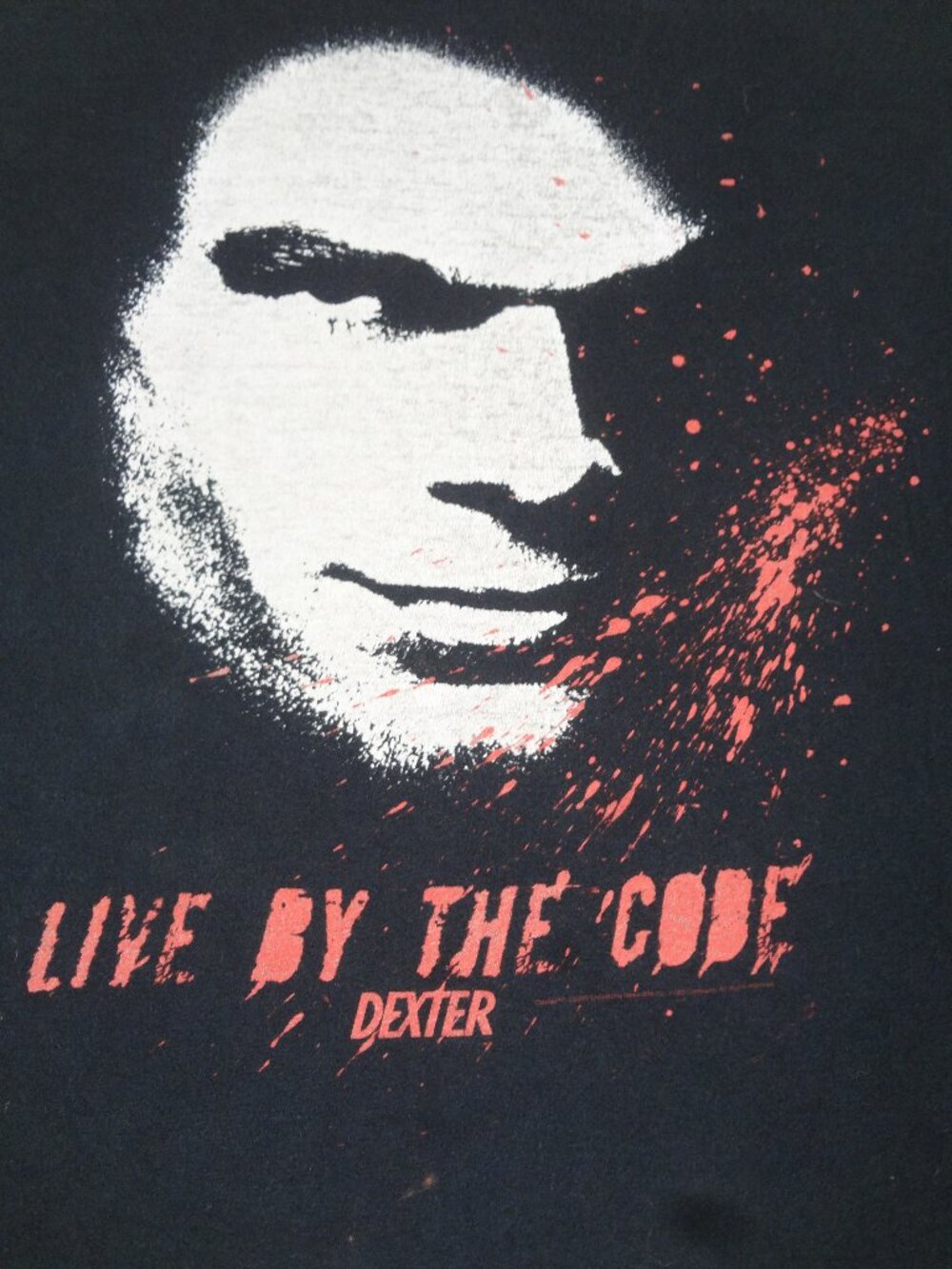 VINTAGE DEXTER LIVE BY THE CODE BLOOD SPLATTER BLACK XL SHIRT L784 (SPOT C PICS)